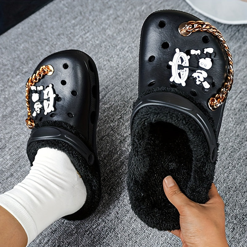 Women's Winter Thermal Clogs – Cartoon Pattern, EVA Sole, Fabric Liner, Golden Chain Detail